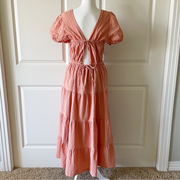 & Other Stories Tiered Puff Sleeve Open Back Cotton Midi Dress Size Large - Picture 14 of 15